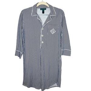 Lauren Ralph Lauren Striped Cotton Sleep Shirt Size S White Navy 3/4 Sleeve